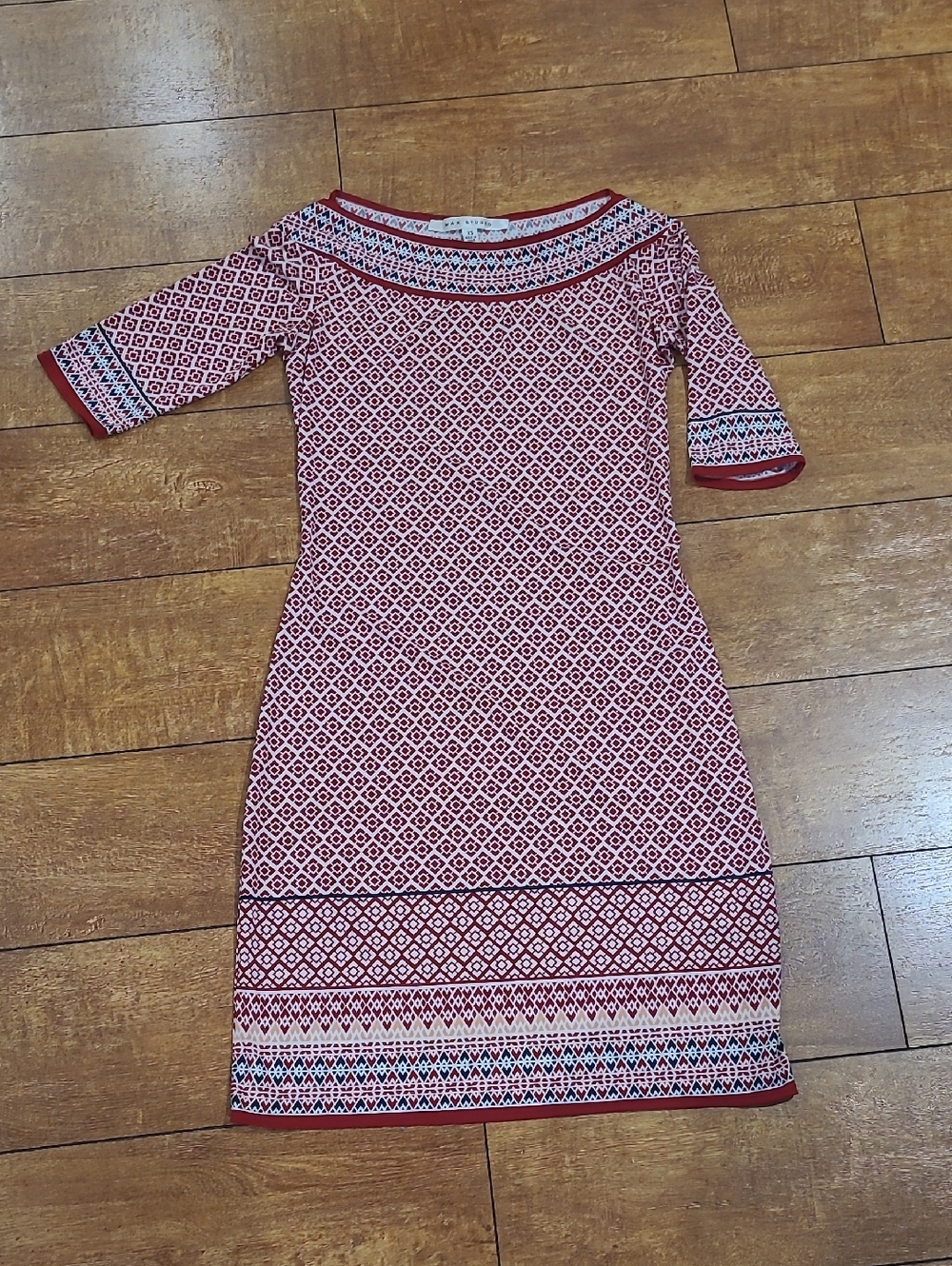 Max Studio Red Patterned Boatneck Midi Dress